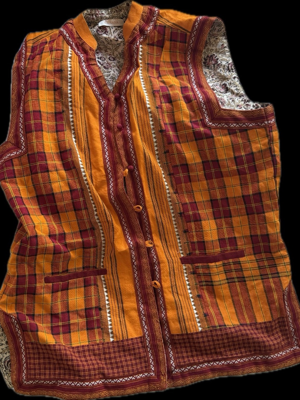 Vintage Indian Plaid Vest in Mustard & Burgundy
